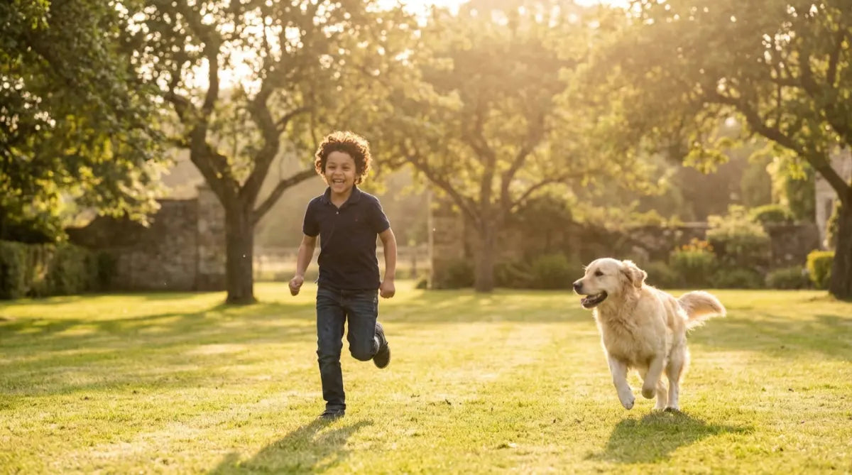 Child running with a dog in a park on a sunny day