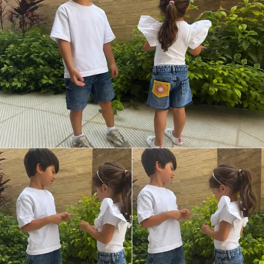 A collage of outdoor photos showing a child wearing a white short-sleeve T-shirt and denim shorts. The top panel shows two views of the child standing in front of green plants; the bottom panel shows three side-profile views of the child wearing the same white T-shirt and blue denim shorts.