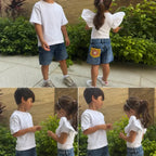 A collage of outdoor photos showing a child wearing a white short-sleeve T-shirt and denim shorts. The top panel shows two views of the child standing in front of green plants; the bottom panel shows three side-profile views of the child wearing the same white T-shirt and blue denim shorts.