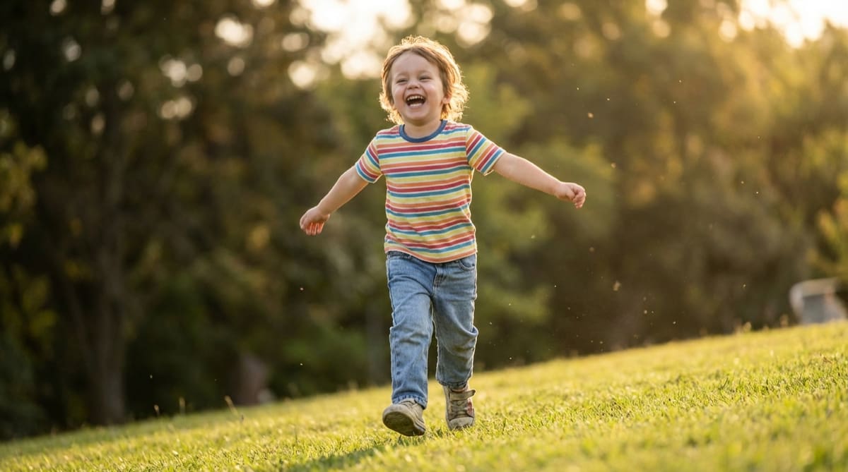 Child running on a grassy hill with trees in the background