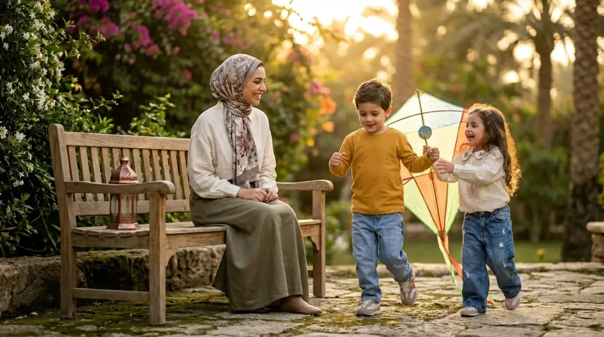 Woman sitting on a bench with two children holding a kite in a garden setting.