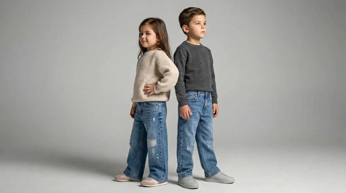 Two children standing side by side wearing matching outfits with gray sweaters and blue jeans on a plain background.