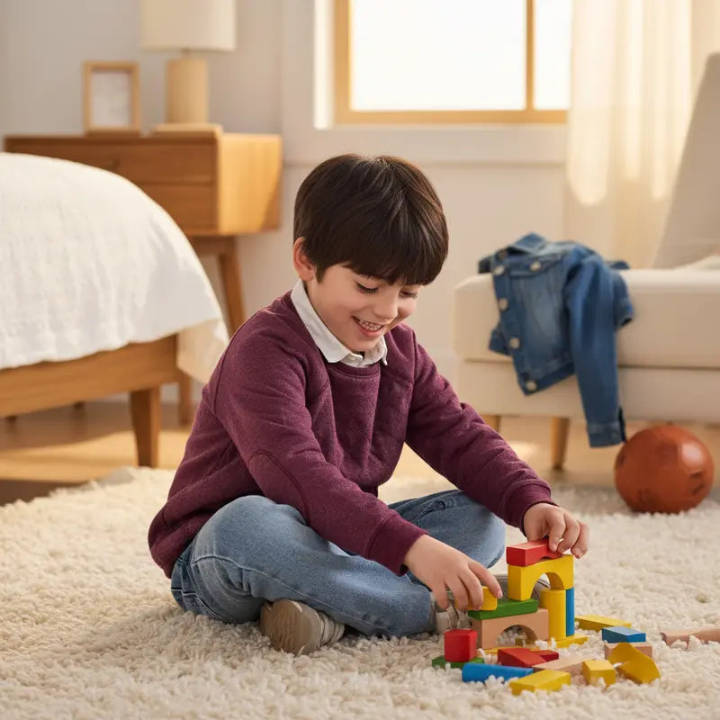 Child playing with colorful building blocks on a carpeted floor in a cozy living room.